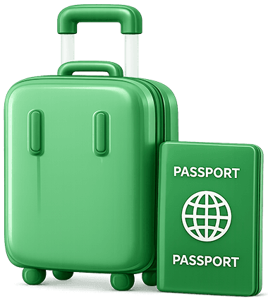 Green suitcase with passport